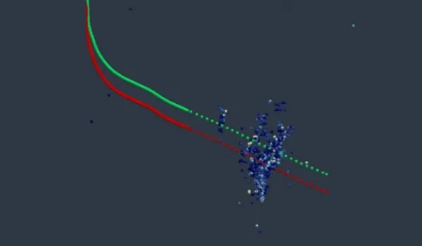 Deux trajectoires de puits et un nuage de microséismes, vus en 3D